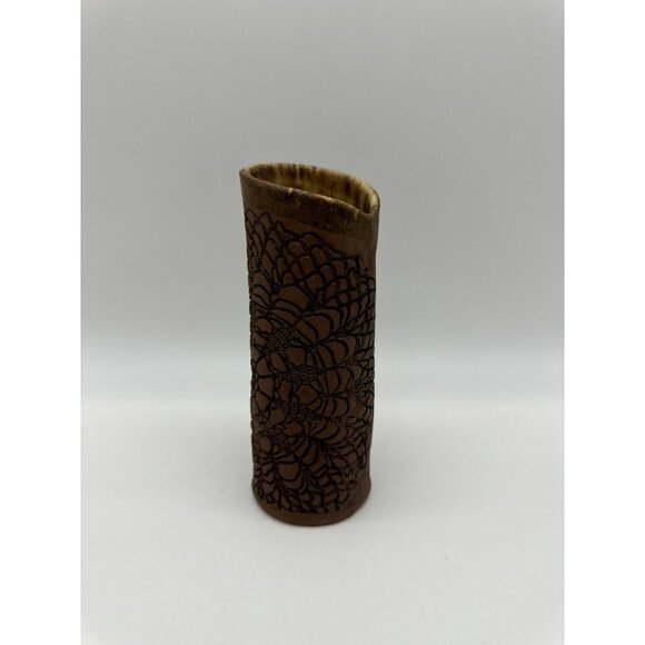 Vintage Boho Etched Stamped Floral Flower Abstract Slab Art Pottery Bud Vase - Picture 1 of 8